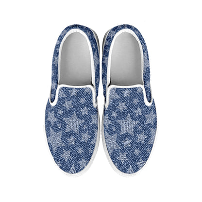 Star Denim Jeans Pattern Print White Slip On Shoes