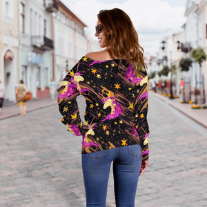 Star Fairy Unicorn Pattern Print Off Shoulder Sweatshirt GearFrost