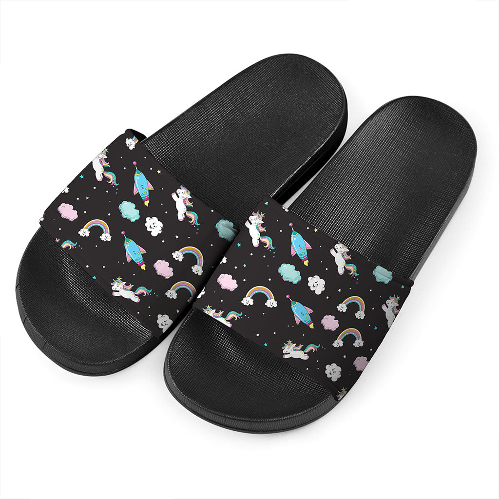 Star Space Unicorn Pattern Print Black Slide Sandals
