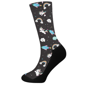 Star Space Unicorn Pattern Print Crew Socks