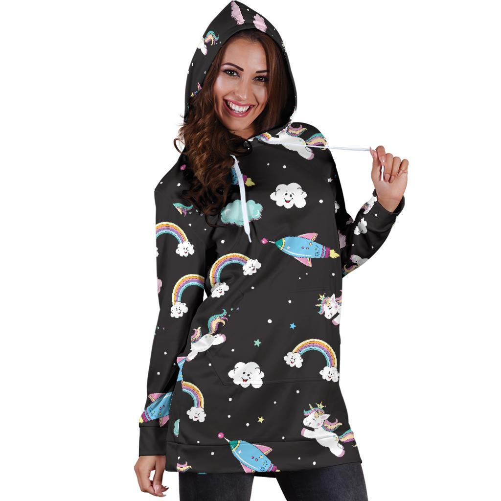 Star Space Unicorn Pattern Print Hoodie Dress GearFrost