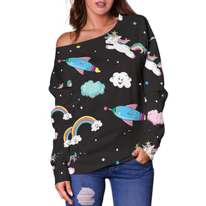 Star Space Unicorn Pattern Print Off Shoulder Sweatshirt GearFrost