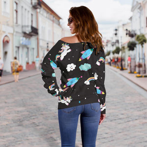 Star Space Unicorn Pattern Print Off Shoulder Sweatshirt GearFrost