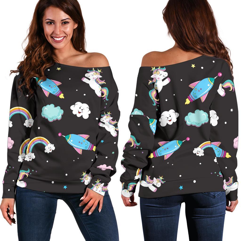 Star Space Unicorn Pattern Print Off Shoulder Sweatshirt GearFrost