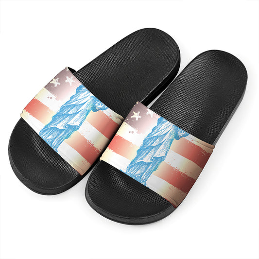 Statue of Liberty USA Flag Print Black Slide Sandals