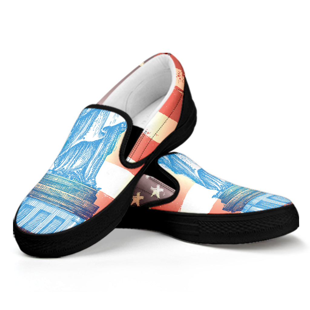 Statue of Liberty USA Flag Print Black Slip On Shoes