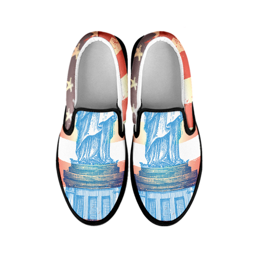 Statue of Liberty USA Flag Print Black Slip On Shoes
