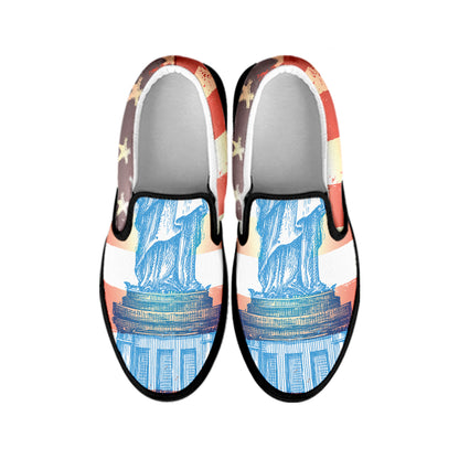 Statue of Liberty USA Flag Print Black Slip On Shoes