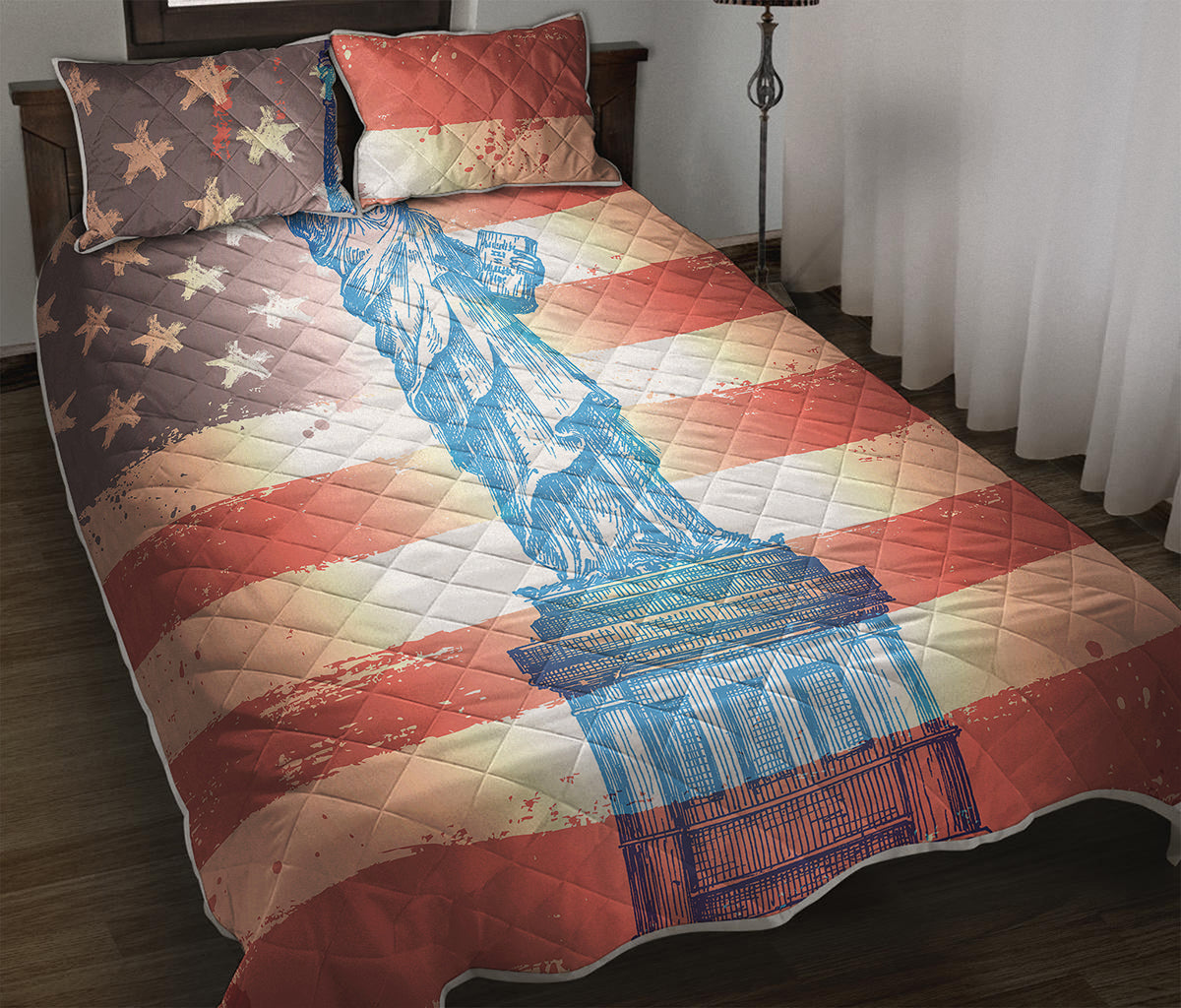 Statue of Liberty USA Flag Print Quilt Bed Set