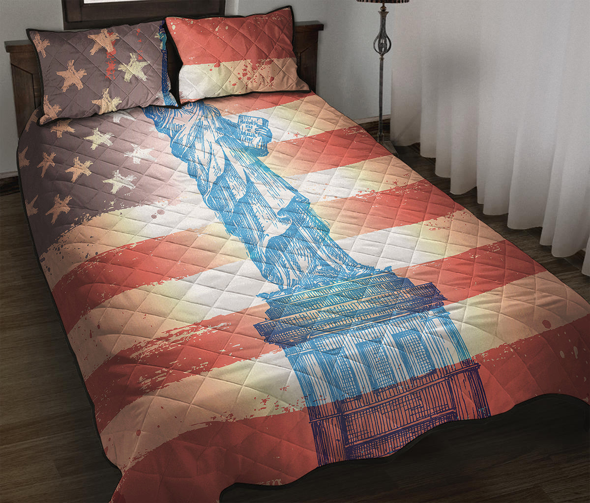 Statue of Liberty USA Flag Print Quilt Bed Set