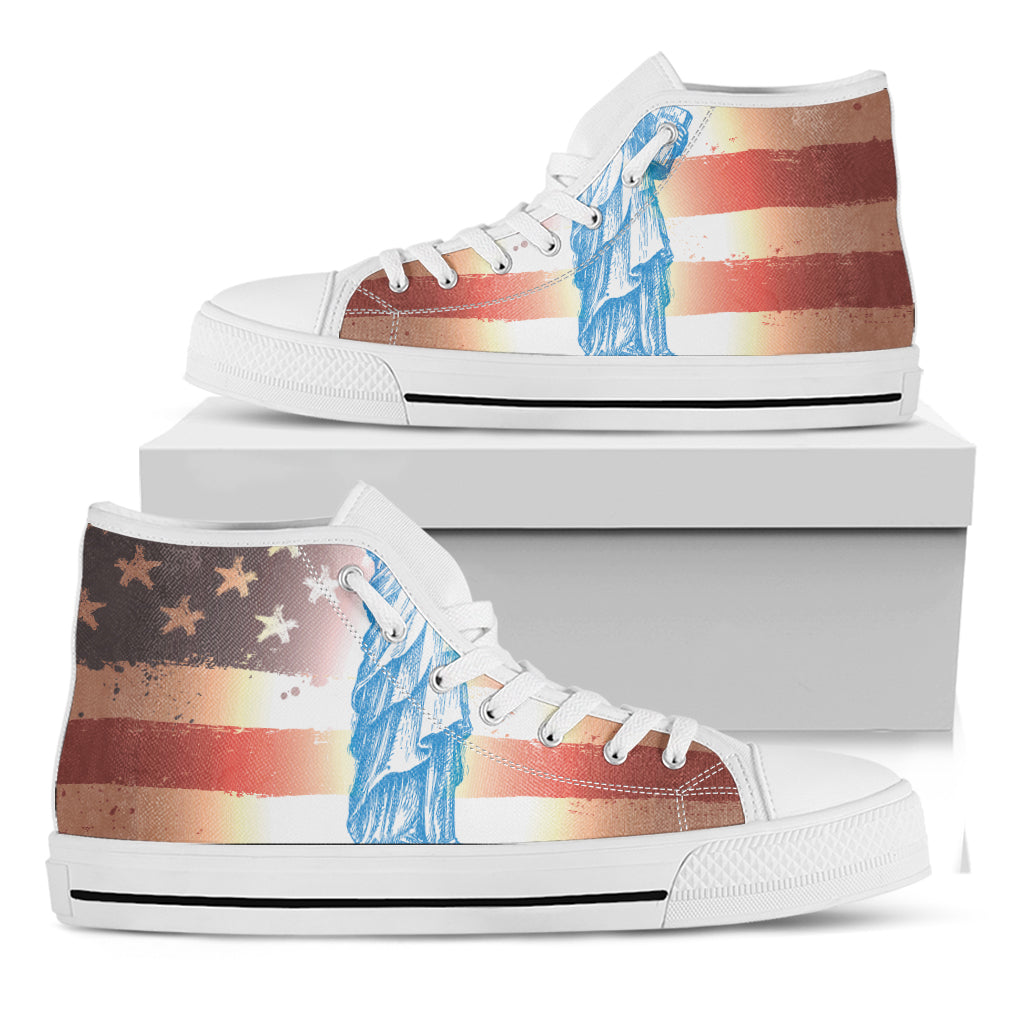 Statue of Liberty USA Flag Print White High Top Shoes