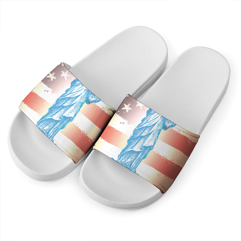 Statue of Liberty USA Flag Print White Slide Sandals