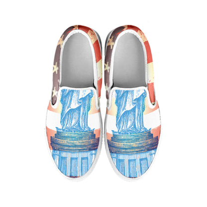 Statue of Liberty USA Flag Print White Slip On Shoes