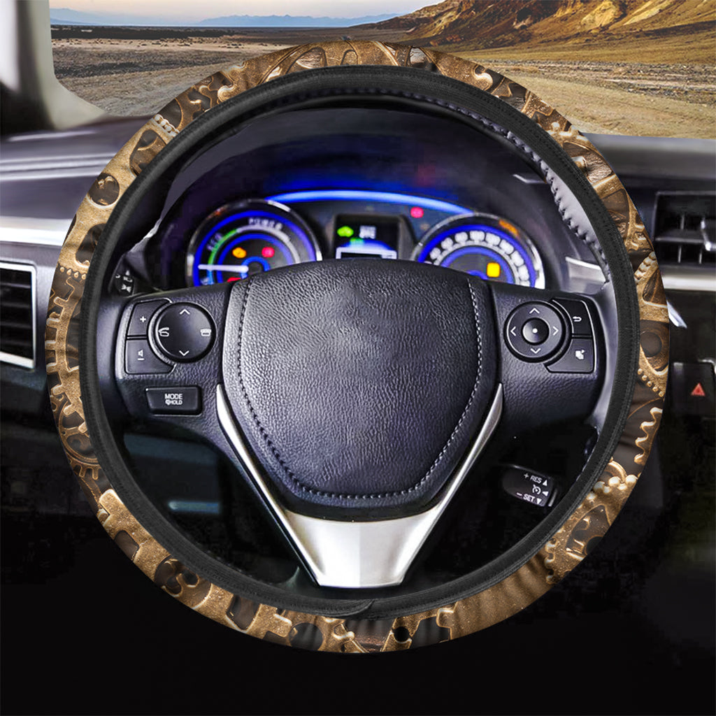 Steampunk Brass Cogs And Gears Print Car Steering Wheel Cover