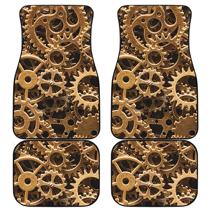 Steampunk Brass Cogs And Gears Print Front and Back Car Floor Mats