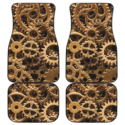 Steampunk Brass Cogs And Gears Print Front and Back Car Floor Mats