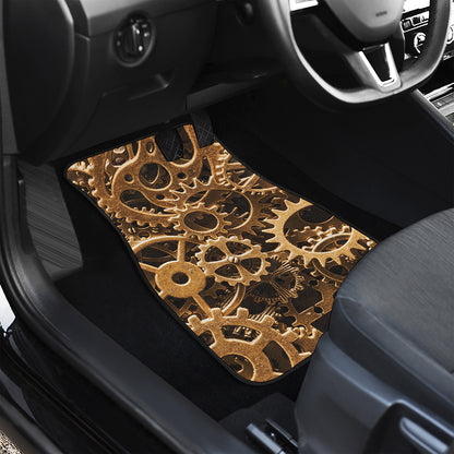 Steampunk Brass Cogs And Gears Print Front and Back Car Floor Mats
