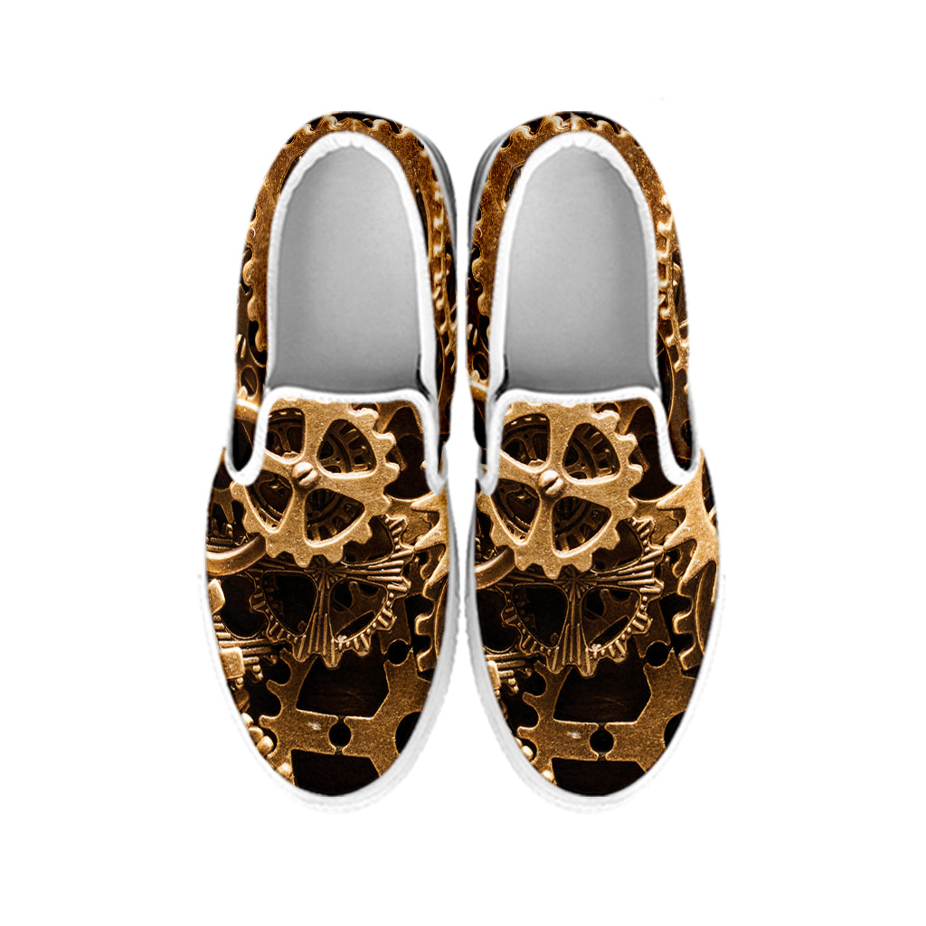 Steampunk Brass Cogs And Gears Print White Slip On Shoes