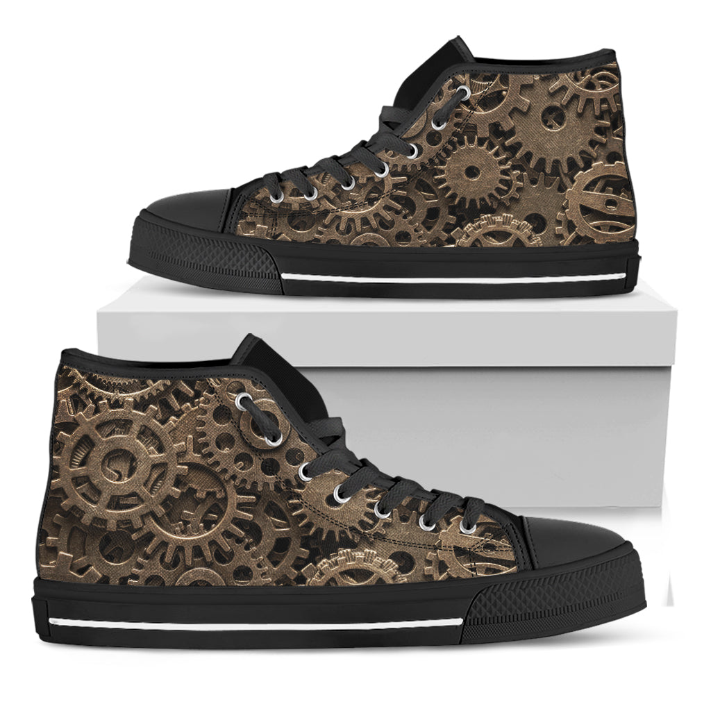 Steampunk Brass Gears And Cogs Print Black High Top Shoes