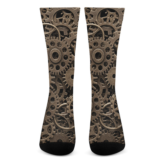 Steampunk Brass Gears And Cogs Print Crew Socks