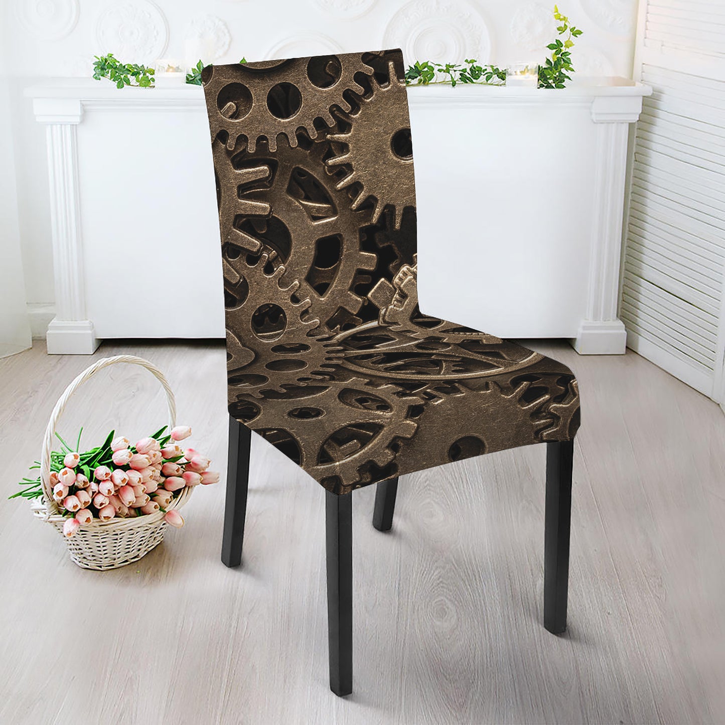 Steampunk Brass Gears And Cogs Print Dining Chair Slipcover