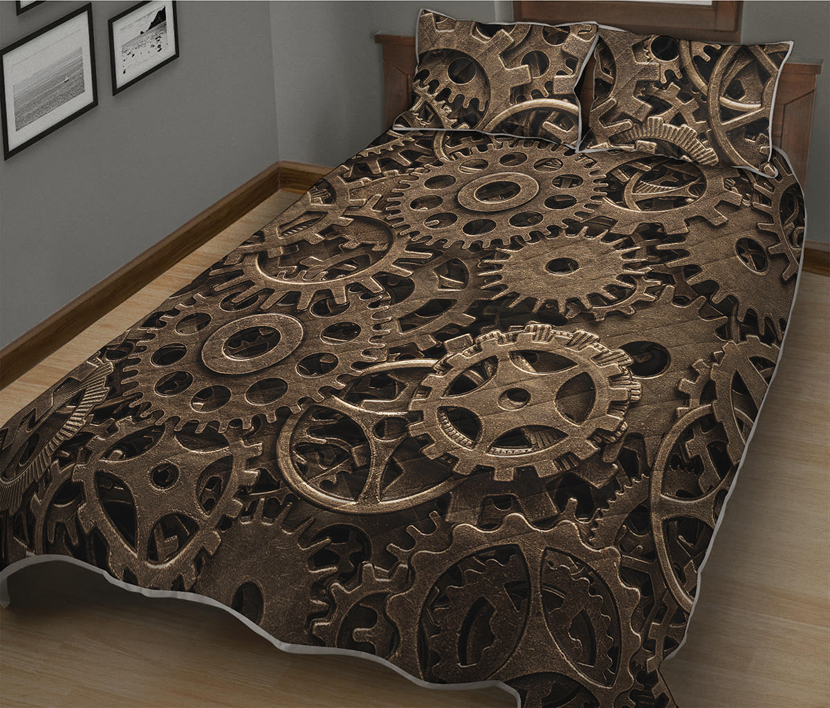 Steampunk Brass Gears And Cogs Print Quilt Bed Set