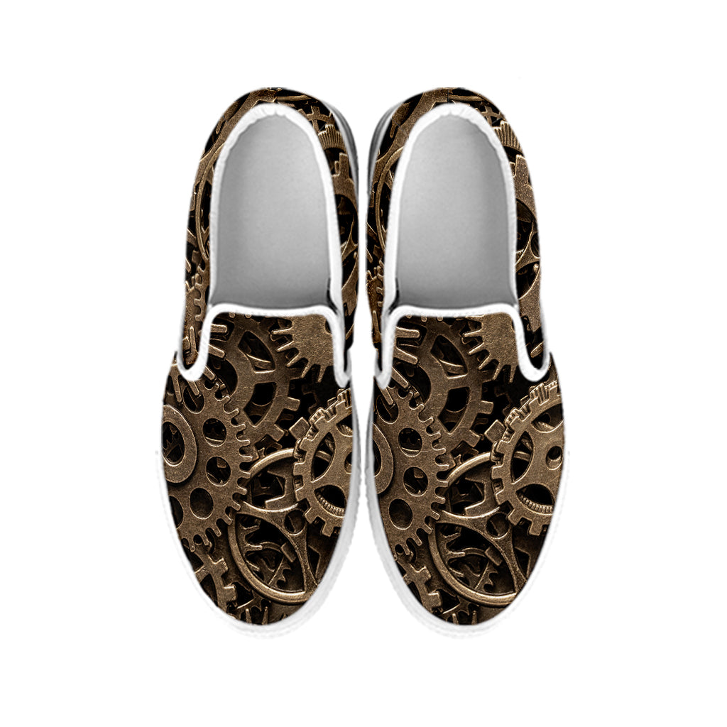 Steampunk Brass Gears And Cogs Print White Slip On Shoes