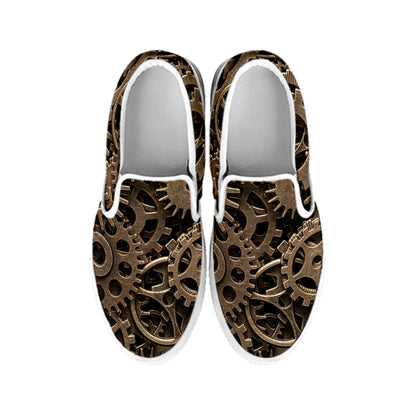 Steampunk Brass Gears And Cogs Print White Slip On Shoes
