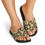 Steampunk Chamomile Pattern Print Black Slide Sandals