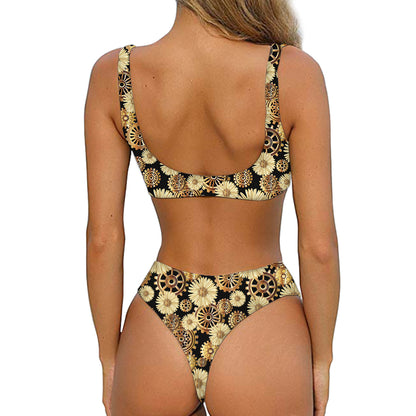 Steampunk Chamomile Pattern Print Front Bow Tie Bikini