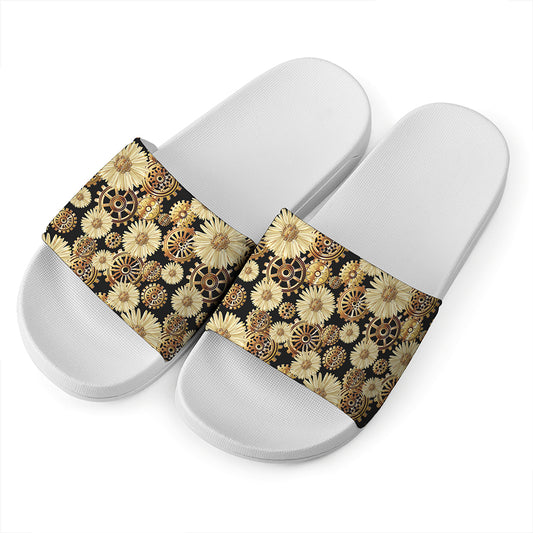Steampunk Chamomile Pattern Print White Slide Sandals
