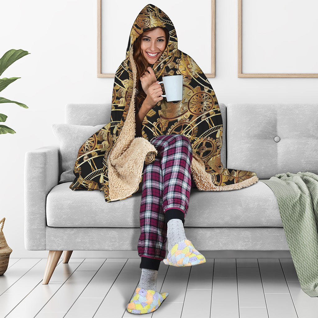 Steampunk Clock Gears Print Hooded Blanket