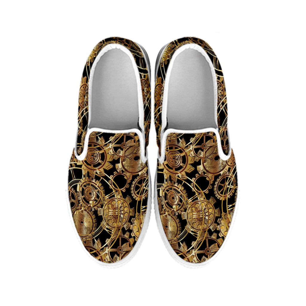 Steampunk Clock Gears Print White Slip On Shoes