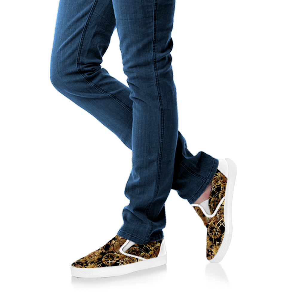 Steampunk Clock Gears Print White Slip On Shoes