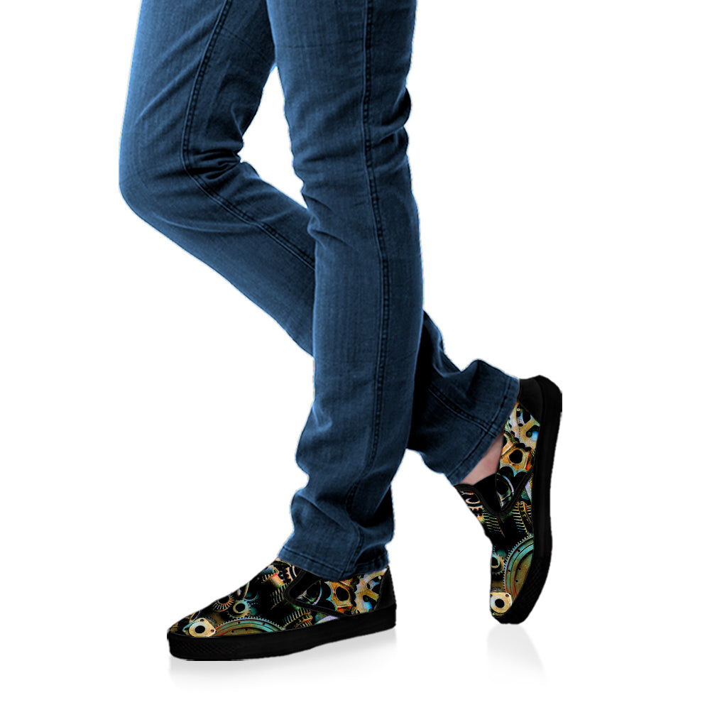 Steampunk Cogs And Gears Print Black Slip On Shoes