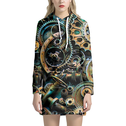 Steampunk Cogs And Gears Print Hoodie Dress