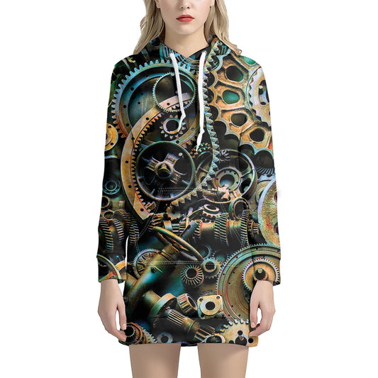 Steampunk Cogs And Gears Print Hoodie Dress