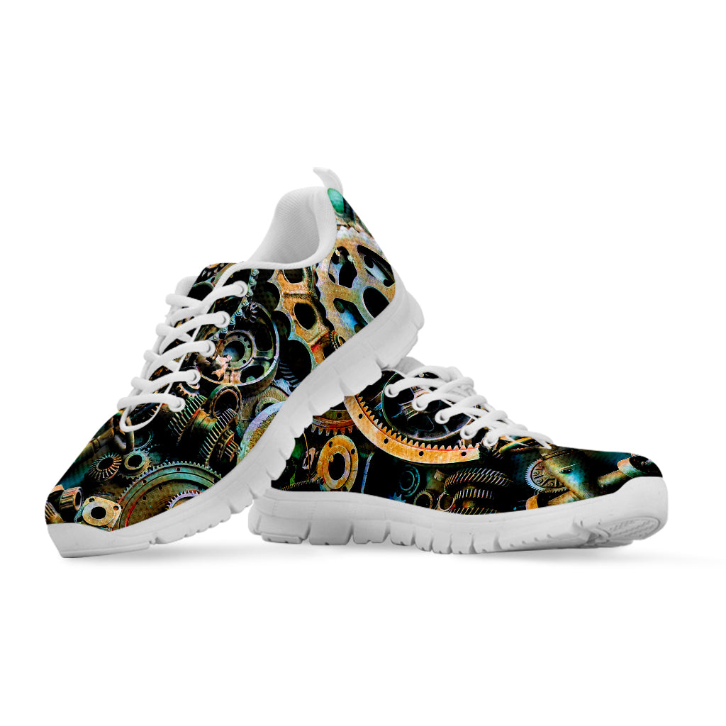 Steampunk Cogs And Gears Print White Sneakers