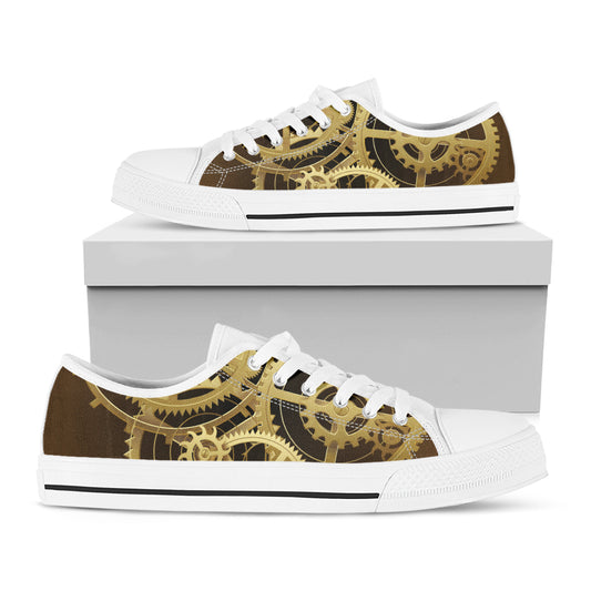 Steampunk Cogwheels Print White Low Top Shoes