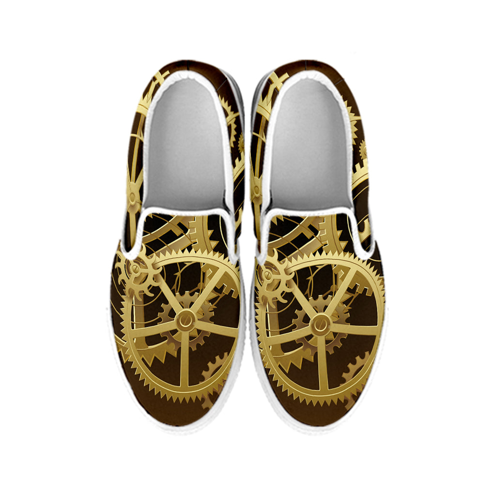 Steampunk Cogwheels Print White Slip On Shoes