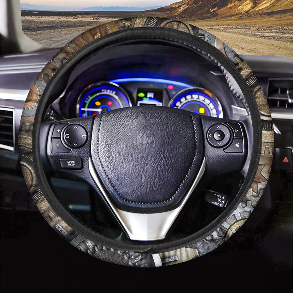 Steampunk Gears And Cogs Print Car Steering Wheel Cover