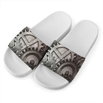 Steampunk Metal Gears Print White Slide Sandals