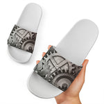 Steampunk Metal Gears Print White Slide Sandals