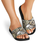 Steampunk Metallic Gears Print Black Slide Sandals