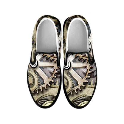 Steampunk Metallic Gears Print Black Slip On Shoes