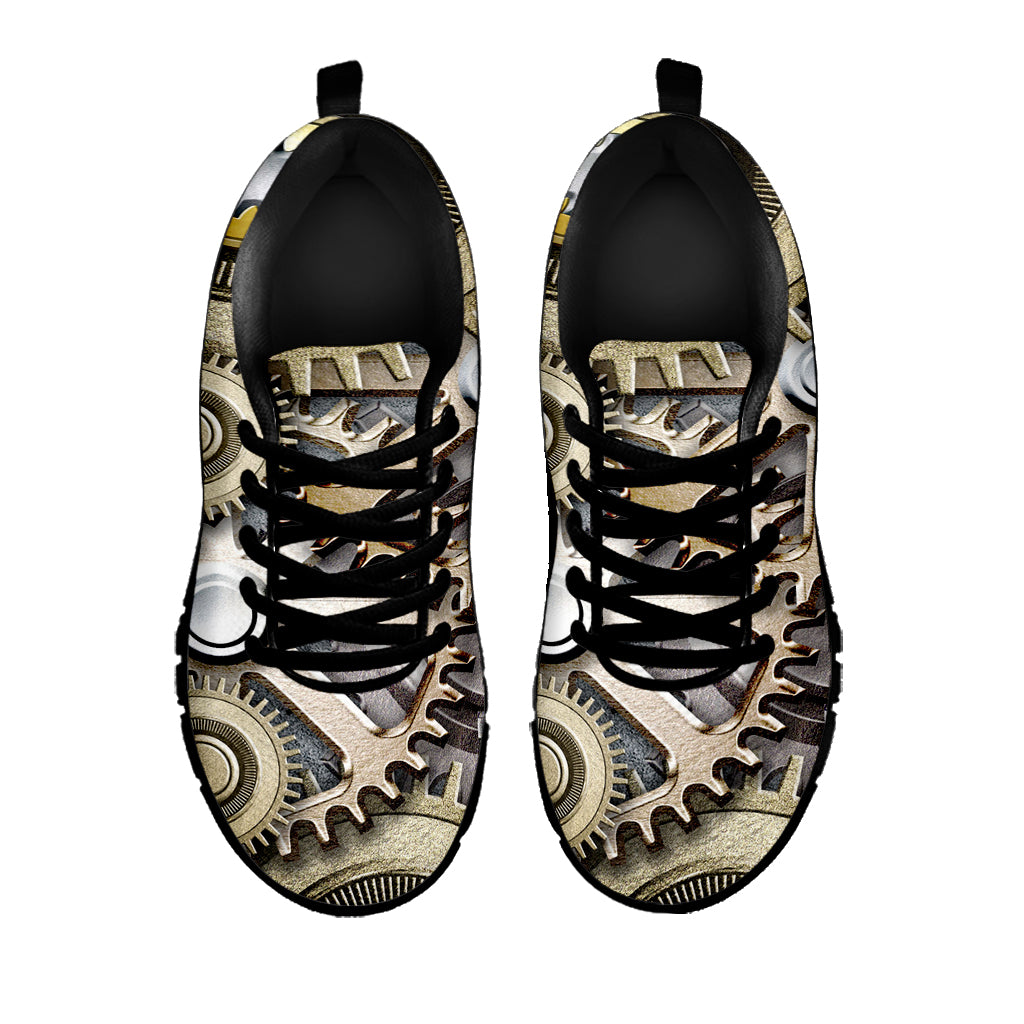 Steampunk Metallic Gears Print Black Sneakers
