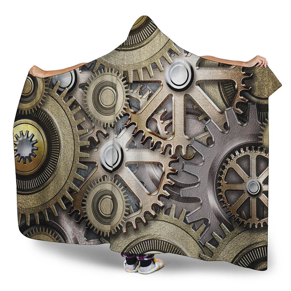 Steampunk Metallic Gears Print Hooded Blanket