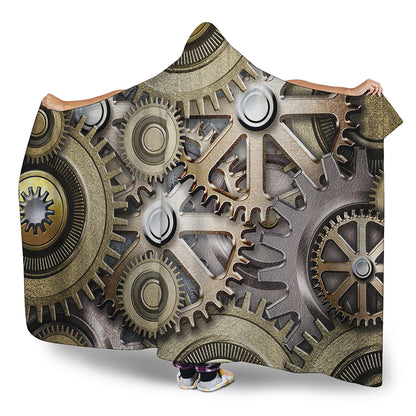Steampunk Metallic Gears Print Hooded Blanket