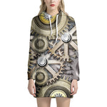 Steampunk Metallic Gears Print Hoodie Dress