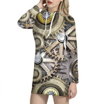 Steampunk Metallic Gears Print Hoodie Dress
